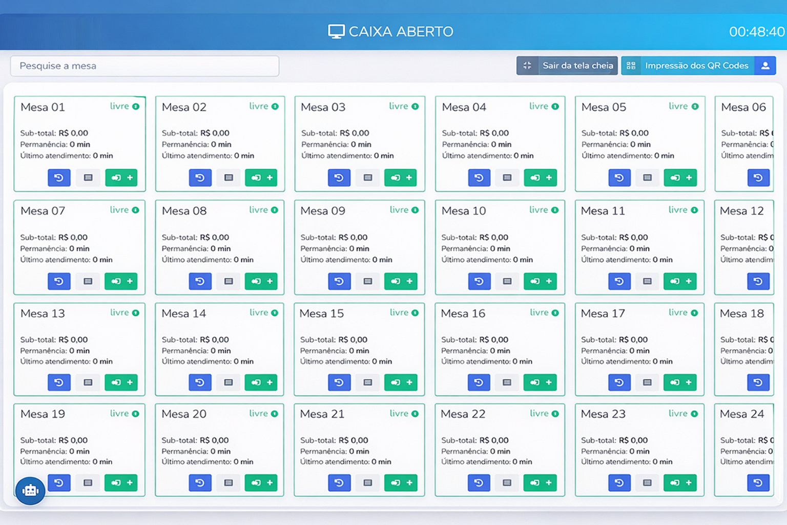 Tela de mesas do sistema Finances Menu 