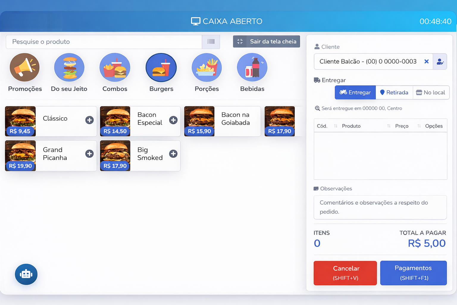 Tela de pedidos do sistema Finances Menu 